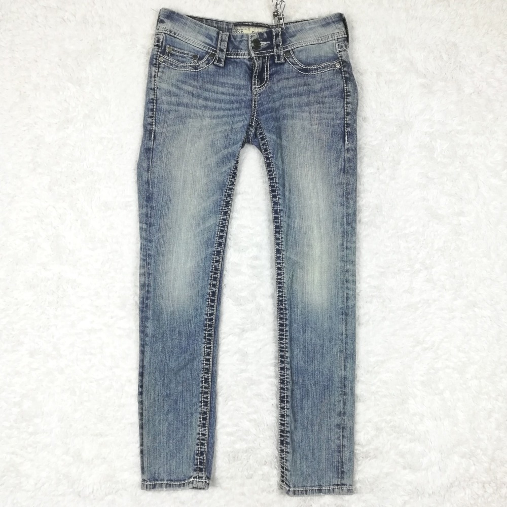 BKE Womens Jeans Sabrina Straight Leg Blue Denim Stone Wash Whiskering Low 27